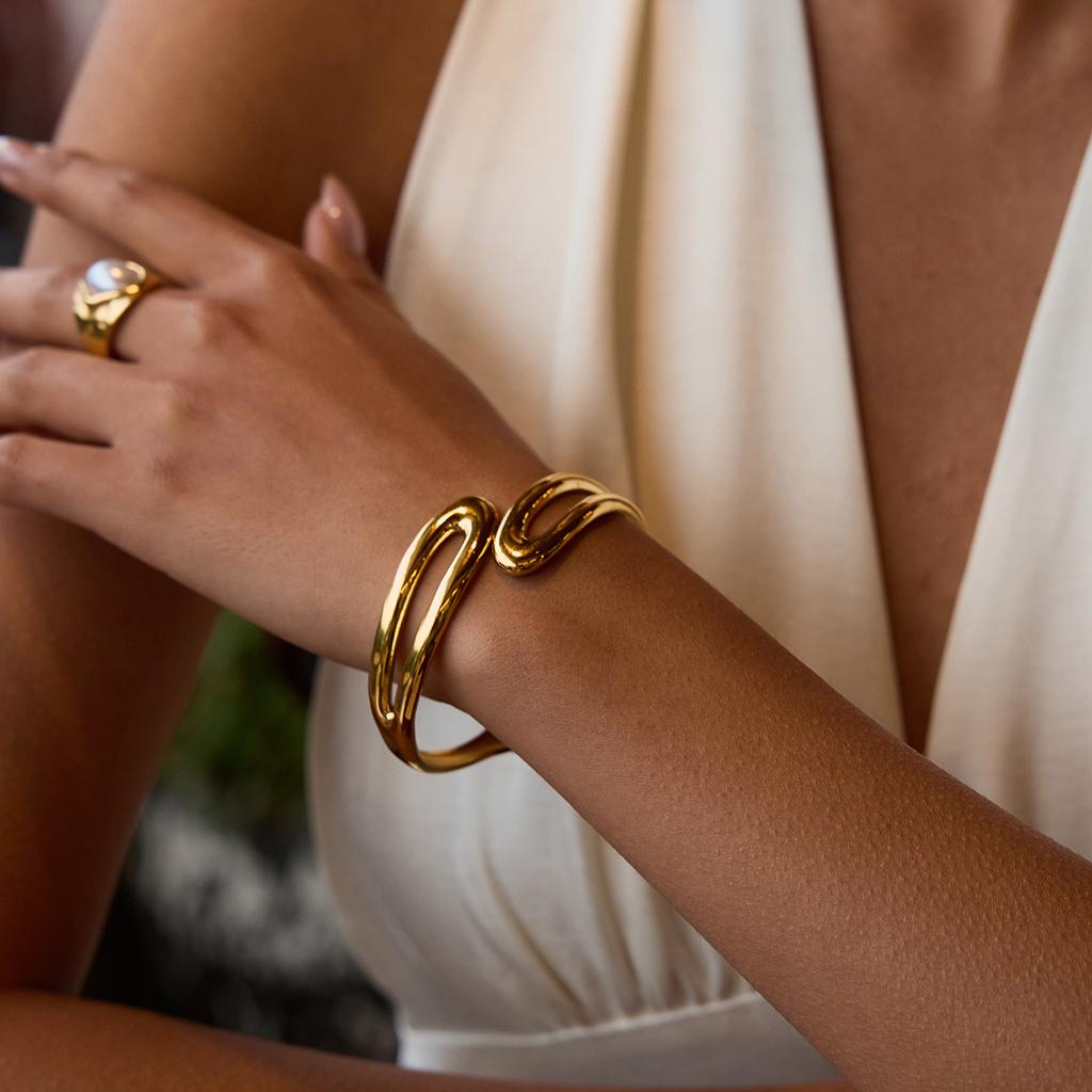Yori Geometric Hollow Double Layer Hollow Spring Open Bracelet Bangle Waterproof 18K Gold Plated Texture Jewelry New
