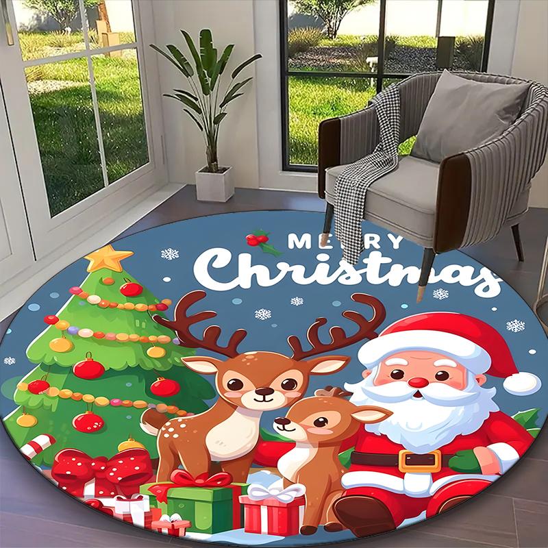 1pc Santa Claus and reindeer Rug, Comfortable Printed Home Round Carpet, Cozy Office Chair Rug
