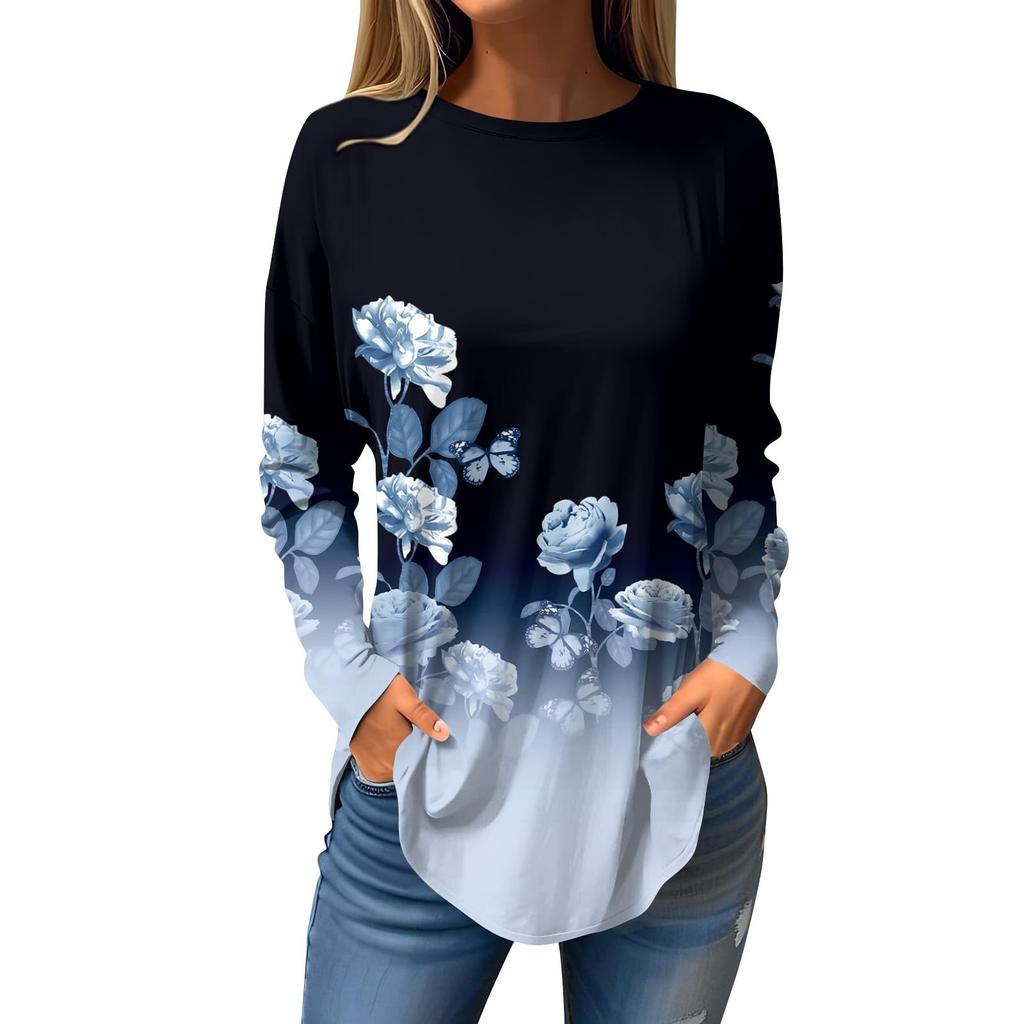 Camiseta de mujer con estampado de hojas en 3D, manga larga, cuello redondo, estilo clásico, ideal para vacaciones, fines de semana, primavera y otoño.