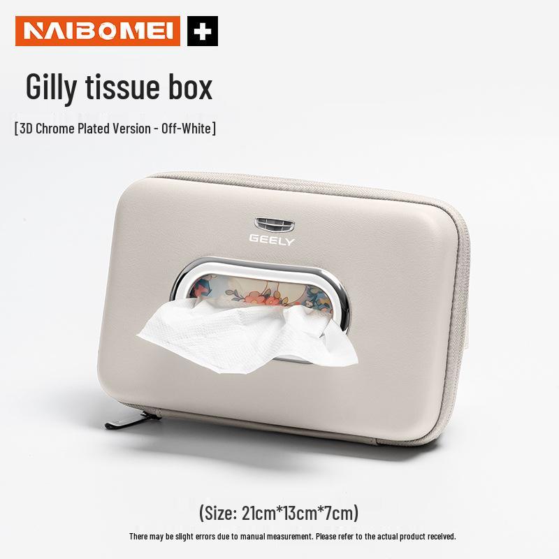 This hanging armrest tissue pack fits Geely models: Xingyue, Binyue, Emgrand, Borui, and Geometry ICON.