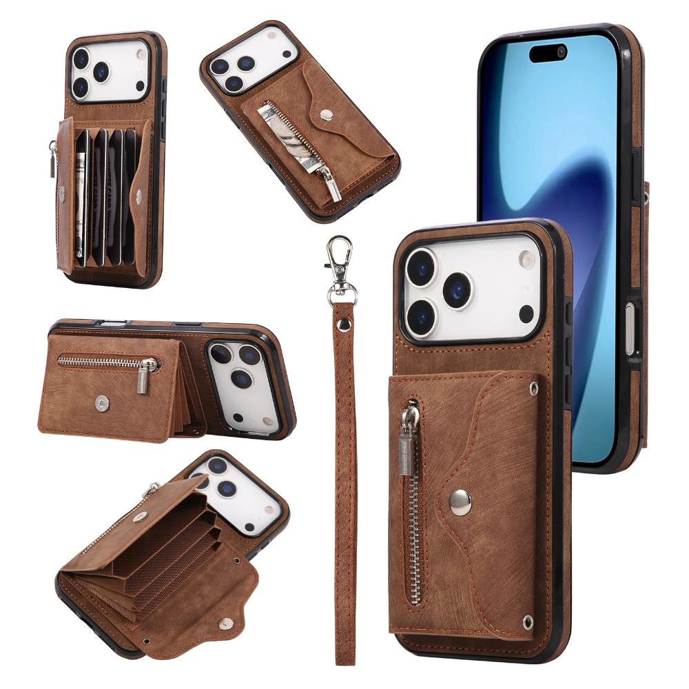 Phone Case for iPhone 17 Pro Max 16E Air 16 Pro 15 Plus 14 13 Mini 12 11 Lanyard Zipper Plain Leather Card Holder Wallet Cover