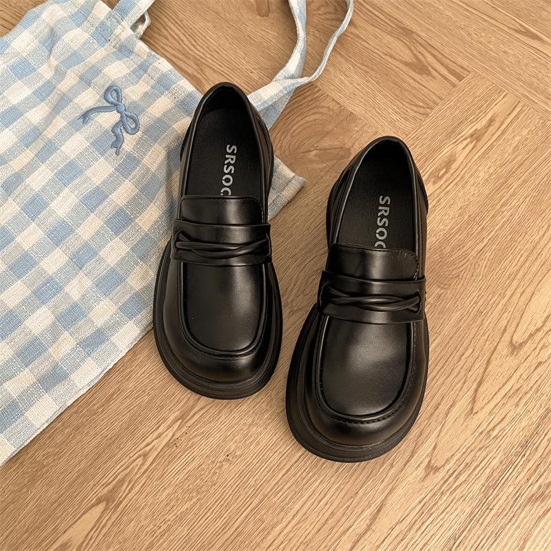 British style platform small leather shoes women's shoes spring and autumn fashion versatile height increase single shoes black one-pedal thick heel