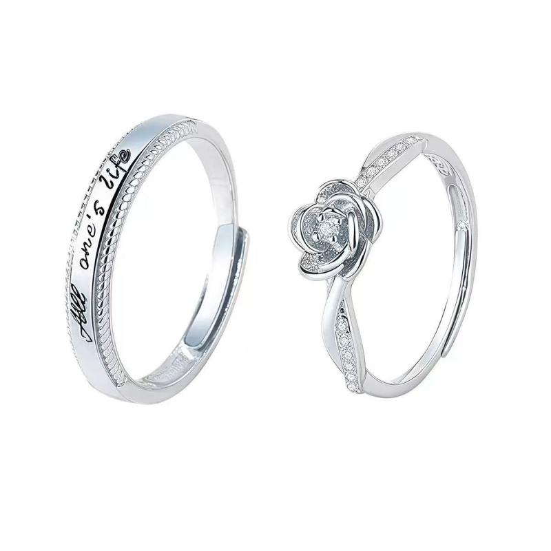 Adjustable Classic Couple Rings Set Rhodium/Gold Plated Brass Open Rings with Zircon Flower Design for Lovers