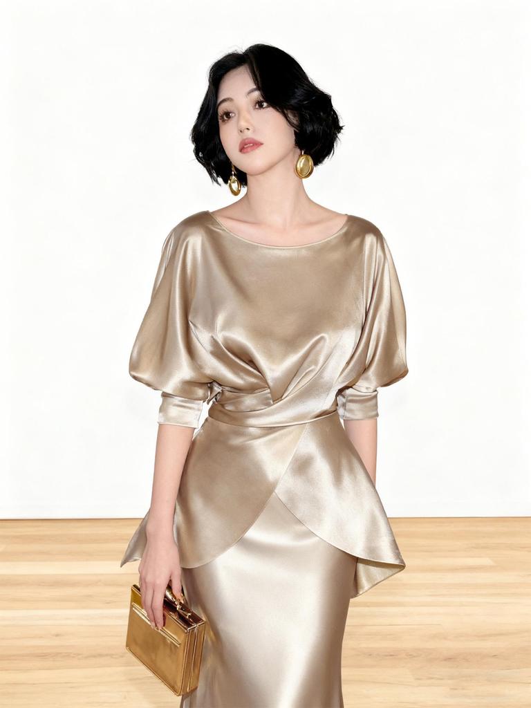 Elegant Champagne Acetate Suit for Women: Satin Top & Fishtail Skirt Set (Spring/Autumn)