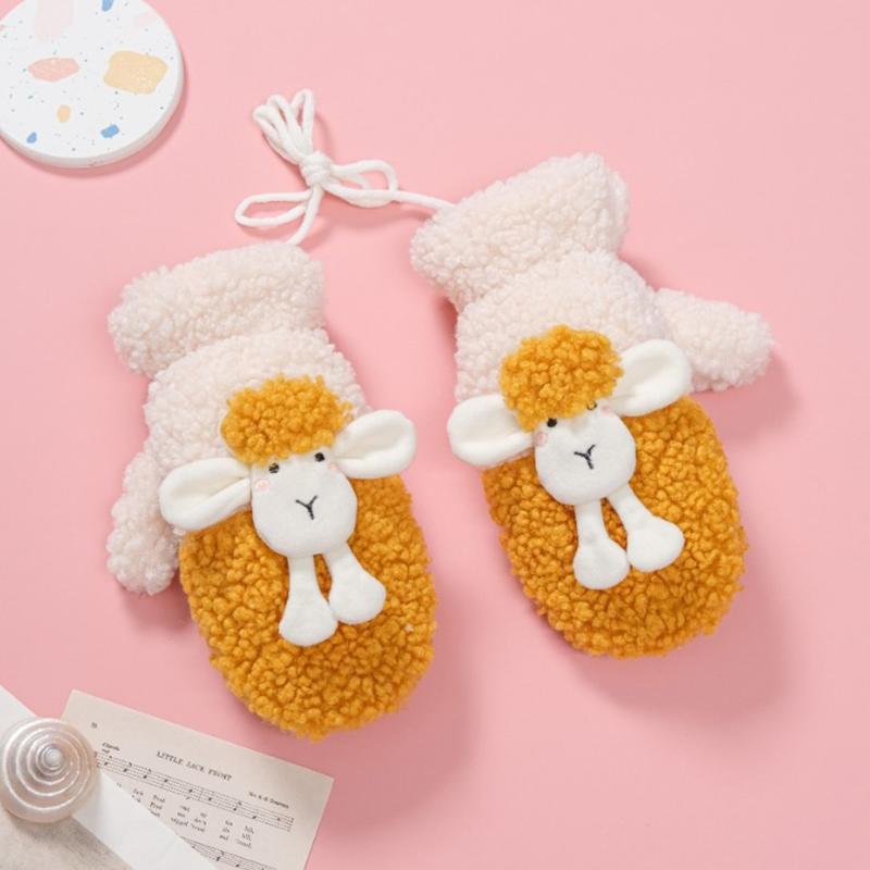 Fluffy Animal Mittens Plush Sheep Gloves with String Full Finger Mittens Winter Warm Mittens Cartoon Gloves for Women