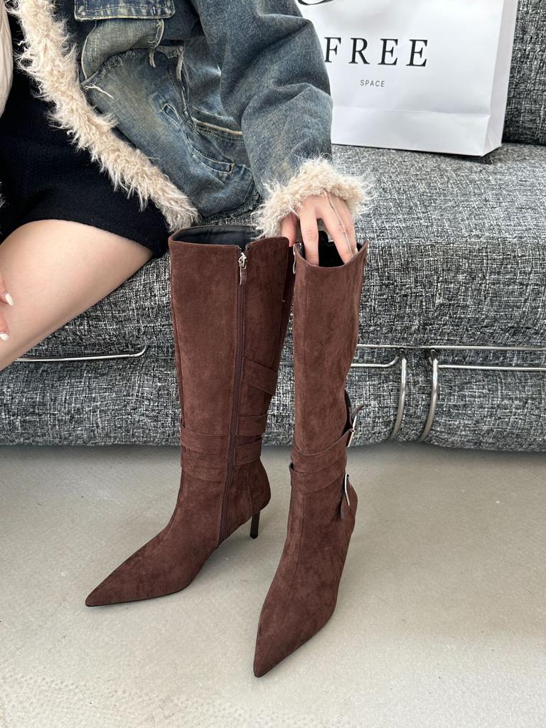 Pointed thin heel thin boots stacking boots 2025 belt buckle Korean version wrinkled high heel boots thin boots women