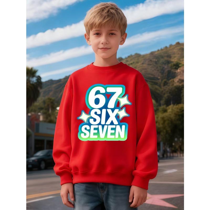 Unisex Kids Crewneck Sweatshirt, Gradient Neon Star 67 Print Long Sleeve Pullover, Boys Girls Casual Birthday Sweatshirt For Kids Over 4 Years Old