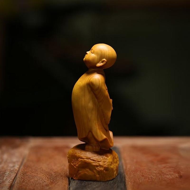 Wood Carving Chinese Characteristic Little Monk Decorate Small Statues Cute Home, Room, Office, Car Character Ornaments