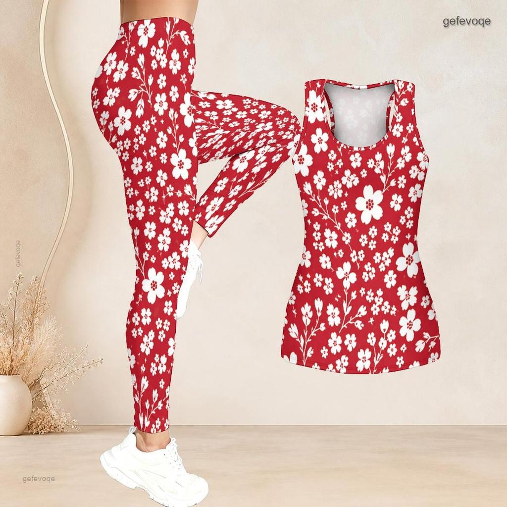 Women Plus Size Floral Printed Two Piece Set Scoop Neck Sleeveless Longline Tank Top Fitted Pants