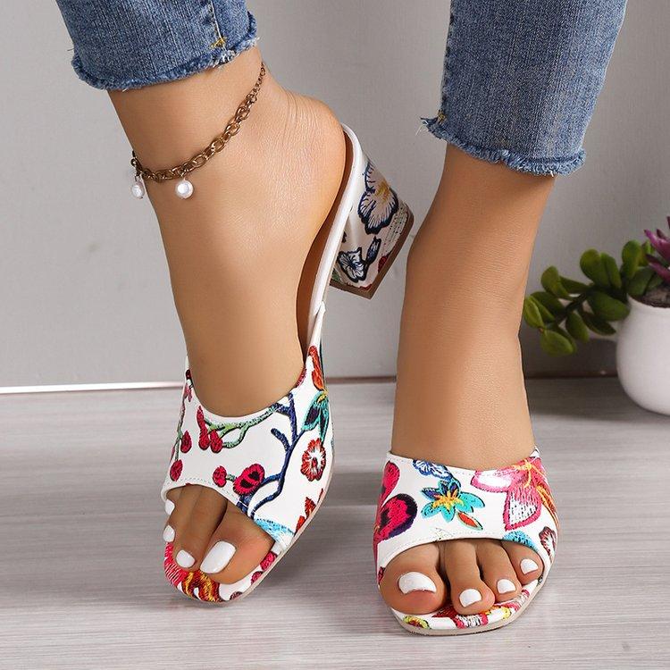 2024 New European and American Style Fashionable Round Head Set Foot High Heel Casual Women's Roman Graffiti Slippers