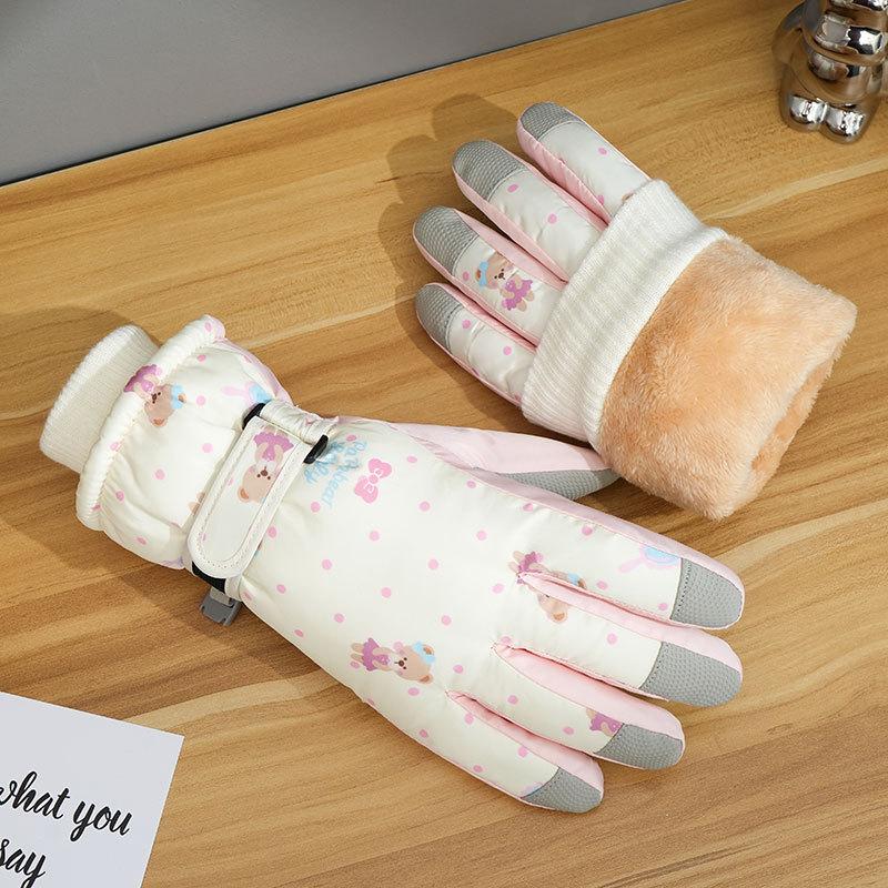 Bären-Skihandschuhe, Winter-Touchscreen-Damenhandschuhe, Cartoon-Druck, Koreanischer Thermo-Samt, Verdickte Handschuhe