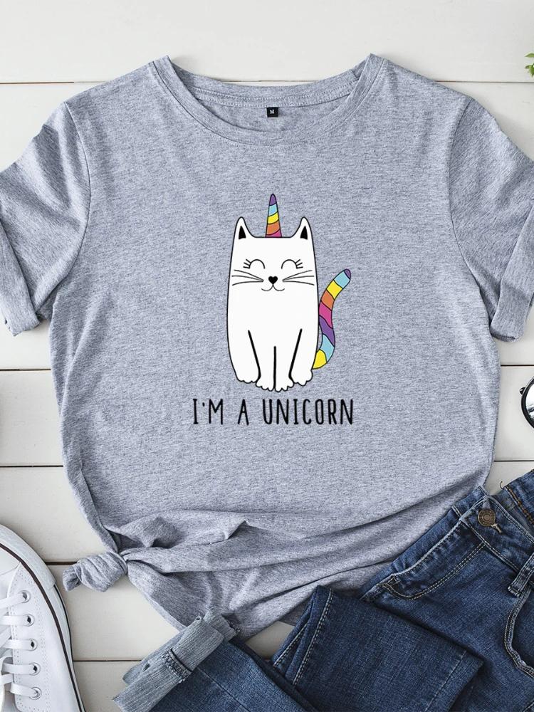 I'm A Unicorn Cat Print T Shirt Women Short Sleeve O Neck Loose Tshirt Summer Women Causal Tee Shirt Tops Camisetas Mujer