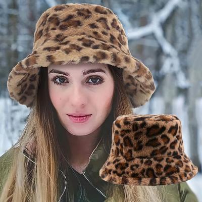Women's Leopard Print Fisherman Hat Versatile Warm Basin Hat Winter Bucket Hat Suitable for Everyday
