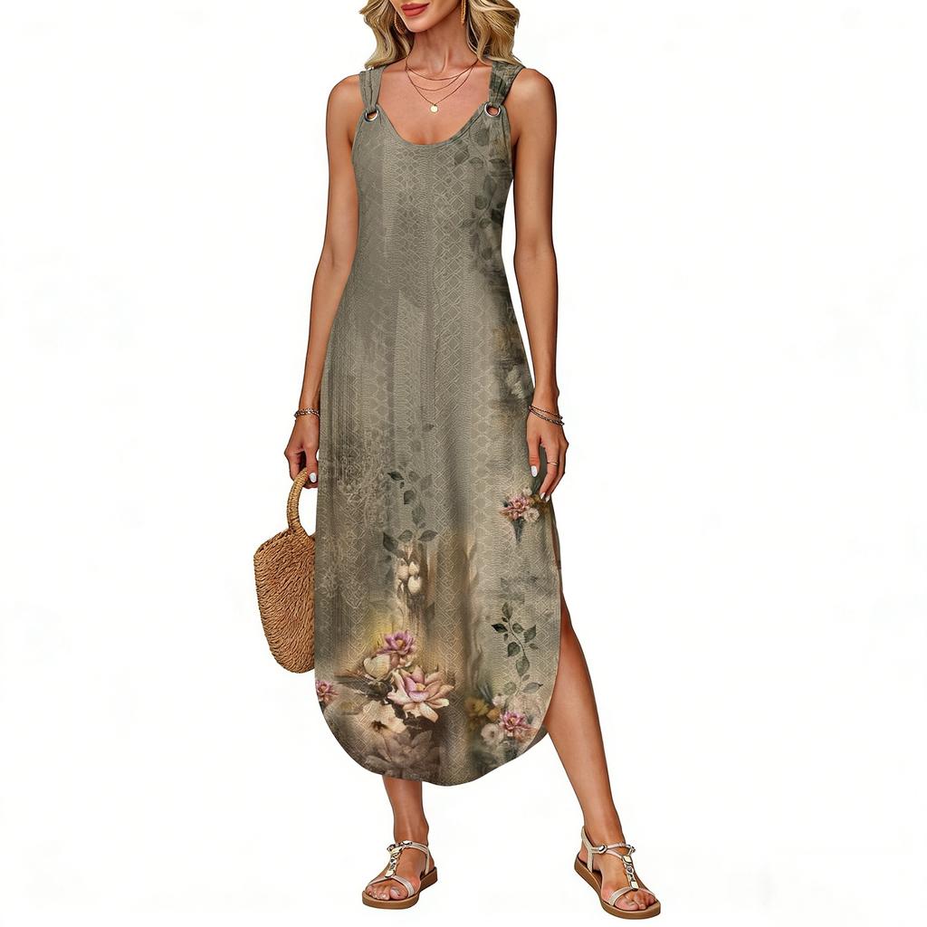 Women's summer long dress, sleeveless with side slits, long retro printed camisole dress