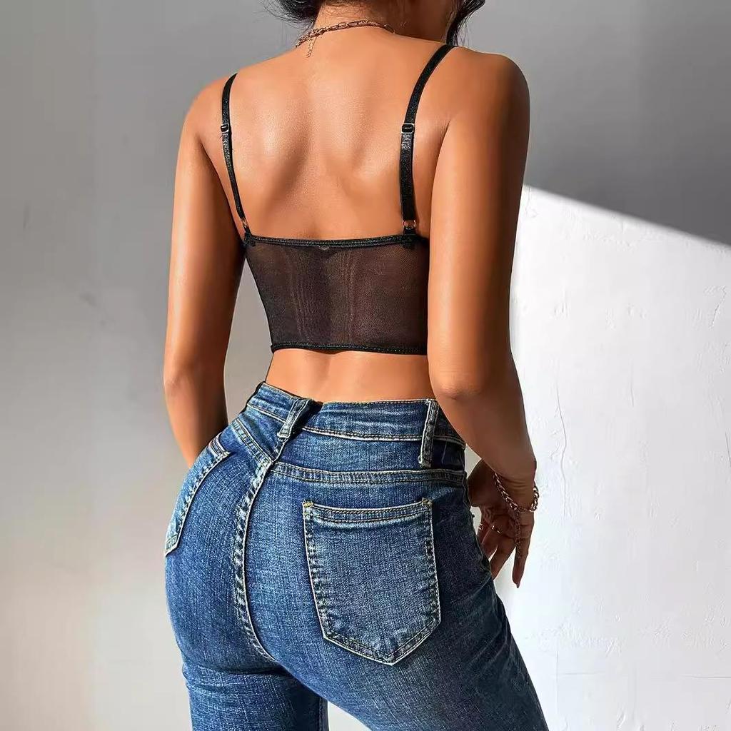 European & American Style Lace Patchwork Camisole for Women - Hot Girl Bare Back Mesh Eyelash 8834