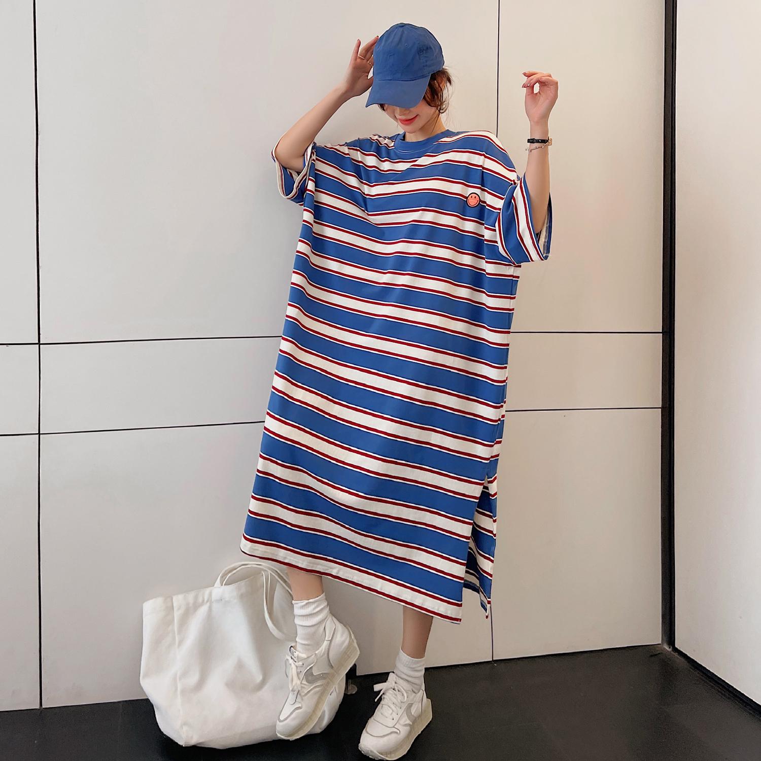 

Dimanaf 2025 Летнее платье больших размеров для женщин, свободное, с коротким рукавом, в мягкую полоску, повседневное, базовое, большого размера, длинное платье 2XL синий