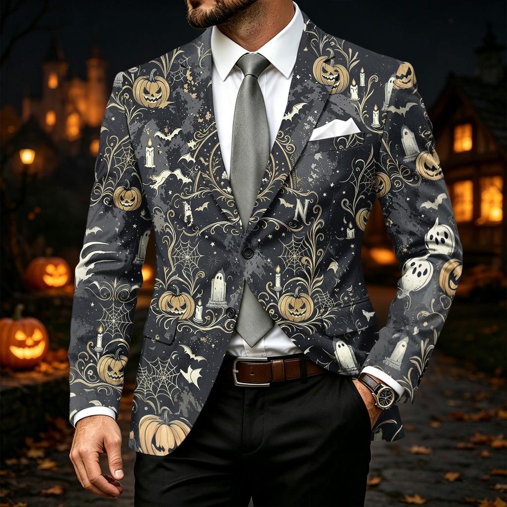 Pánská Halloweenová potištěná, Business Casual saka s klopami, Dlouhý rukáv pro podzimní party