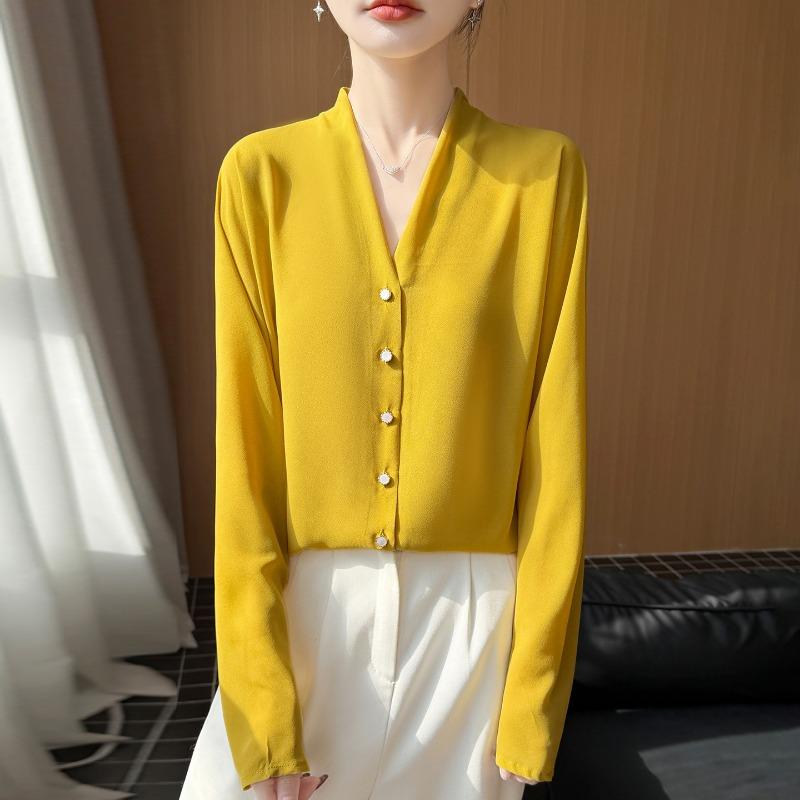 Women Elegant V Neck Long Sleeve Thin Sunscreen Open Blouse Loose Casual Shirt