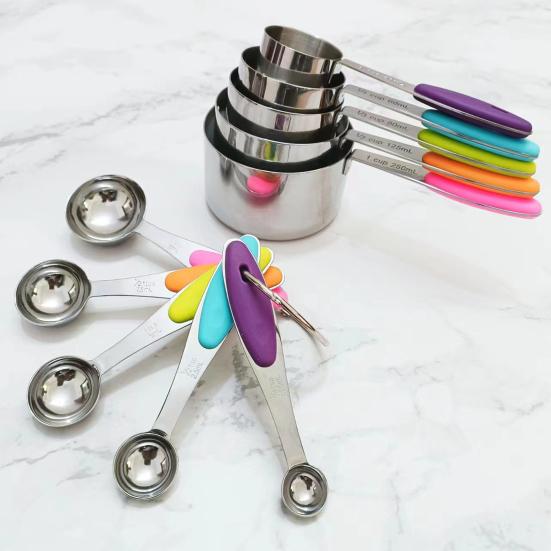 5Pcs/Set Measuring Spoon Set Clear Scale Ring Buckle Silicone Handle Stainless Steel Sugar Powder Spoon Measuring Cup Home Supplies