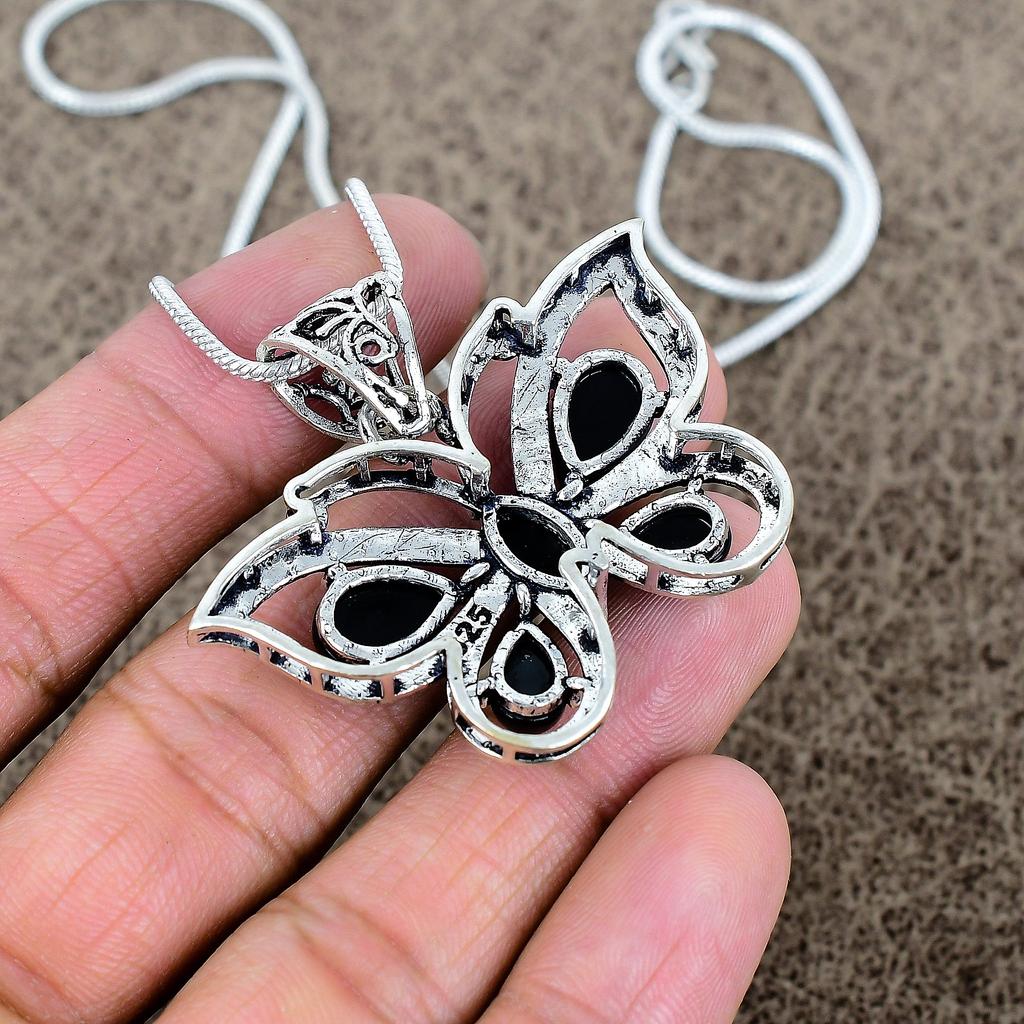 Black Onyx Gemstone Handmade 925 Sterling Silver Jewelry Pendant 1.65" KKG-295