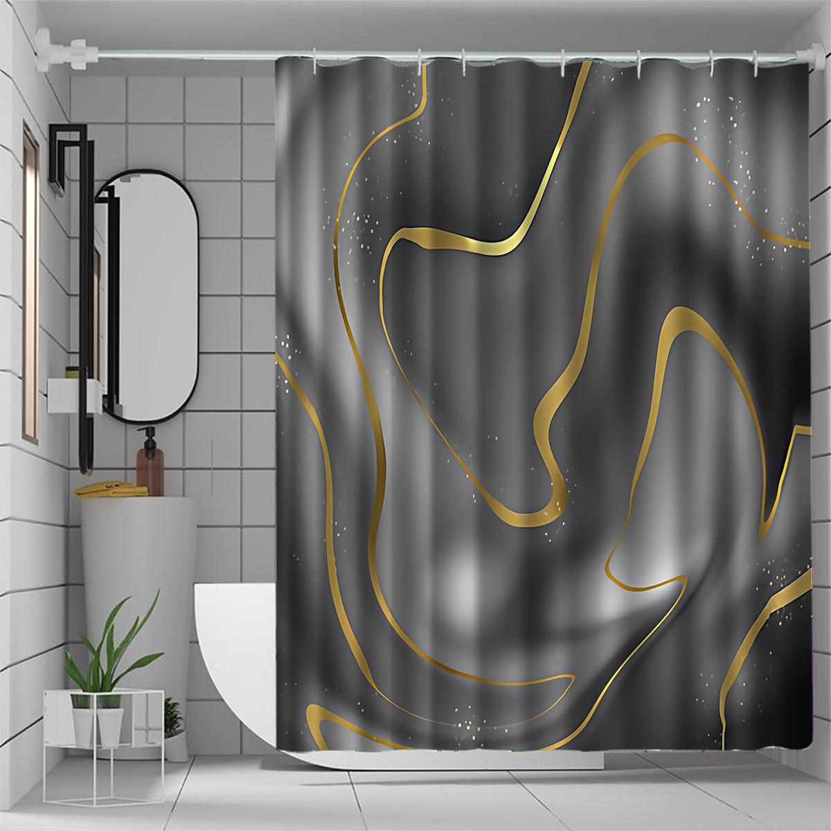 1pc black and gold abstract pattern shower curtain, polyester fabric, machine washable, suitable for bathroom decoration 90X180cm