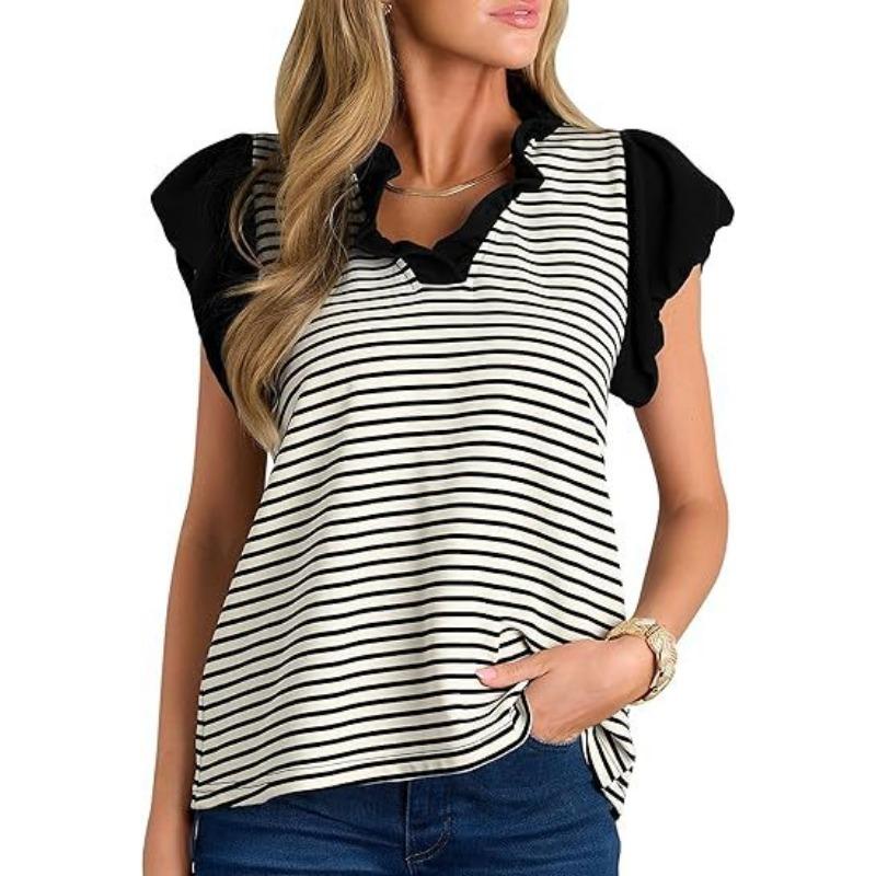 YYFS Women's Fashion Casual Summer Spring Stripe Print Short Sleeve V-Neck Blouses & Shirts
