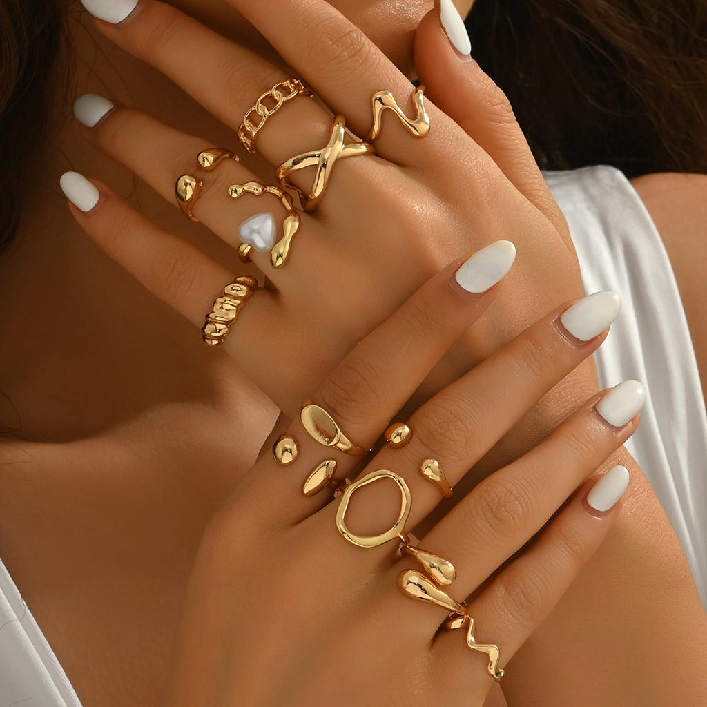 Women's ring set, geometric special-shaped opening with heart-shaped pearl design ring, high-end jewelry.