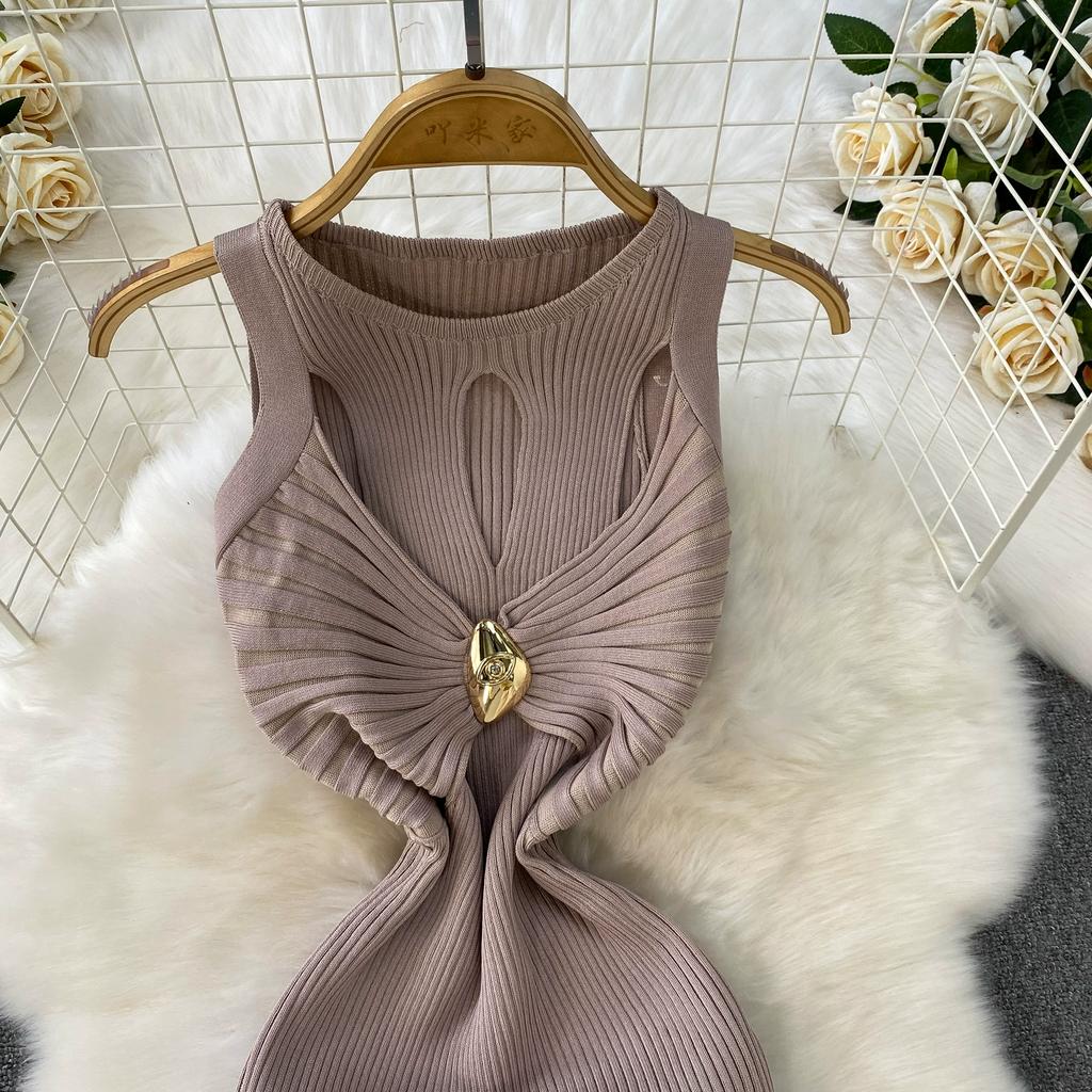 Summer Women Elegant Sleeveless Hollow Out Office Work Midi Knitted Sweater Pullover Sheath Dresses For Ladies