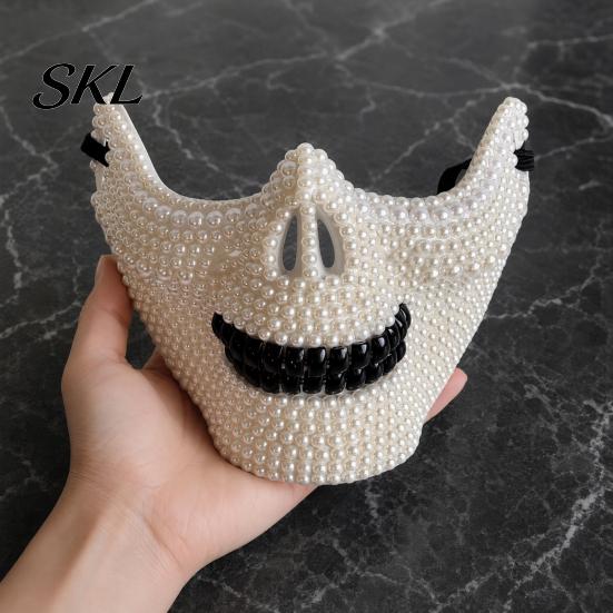 Unique Gothic Party Mask Halloween Skull Half Face Mask, Rhinestone Punk Knight Masquerade Prop Creative Costume with Adjustable Straps, Lightweight