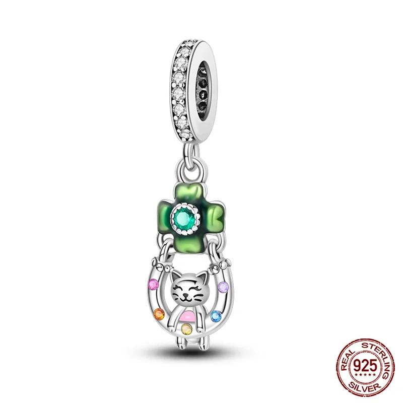 Colgantes de plata de ley S925 con forma de gato, perro, mariposa, flor y cadena de seguridad de color morado, aptos para pulseras originales DIY