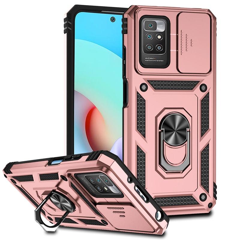 

Противоударный бронированный чехол для Xiaomi Redmi 10 10C 10A 9C 9A 11A 12C со сдвижной защитной крышкой для объектива камеры, кольцом-подставкой, держателем, Funda Coque For Redmi 10 (4G) розового золота