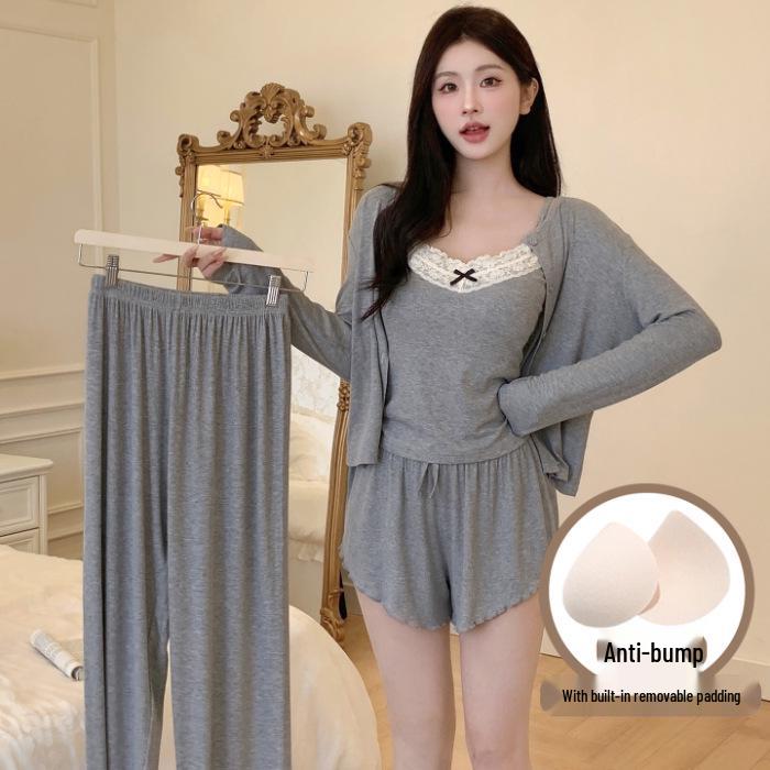 Four-Piece Women's Modal Pajama Set: Bra Camisole, Shorts, Long-Sleeved Top, Long Pants with Cute Cartoon Design.