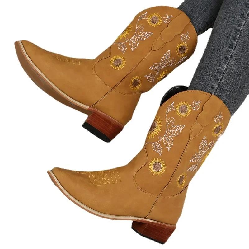 Dámské boty PU kůže Tištěné Vyšívané boty Klasické Vysoké kecky Ležérní Dámská obuv Slunečnice Blokový podpatek Dámské kozačky Botas