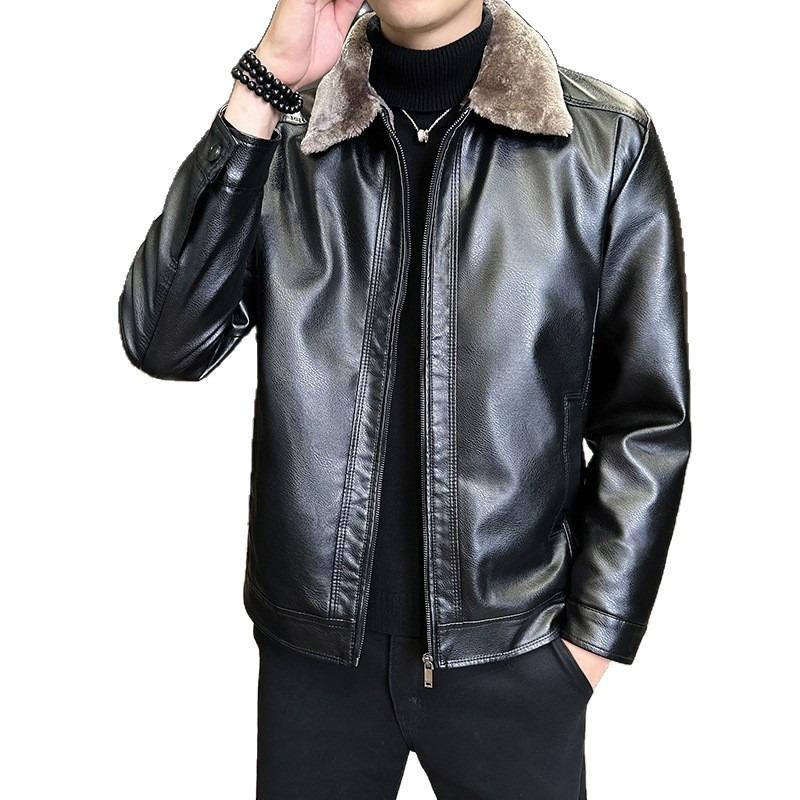 Thickened Fleece Leather Jacket Leather Men's Leather Jacket Autumn and Winter Locomotive Clothing Casual Loose Lapel Jacket Men