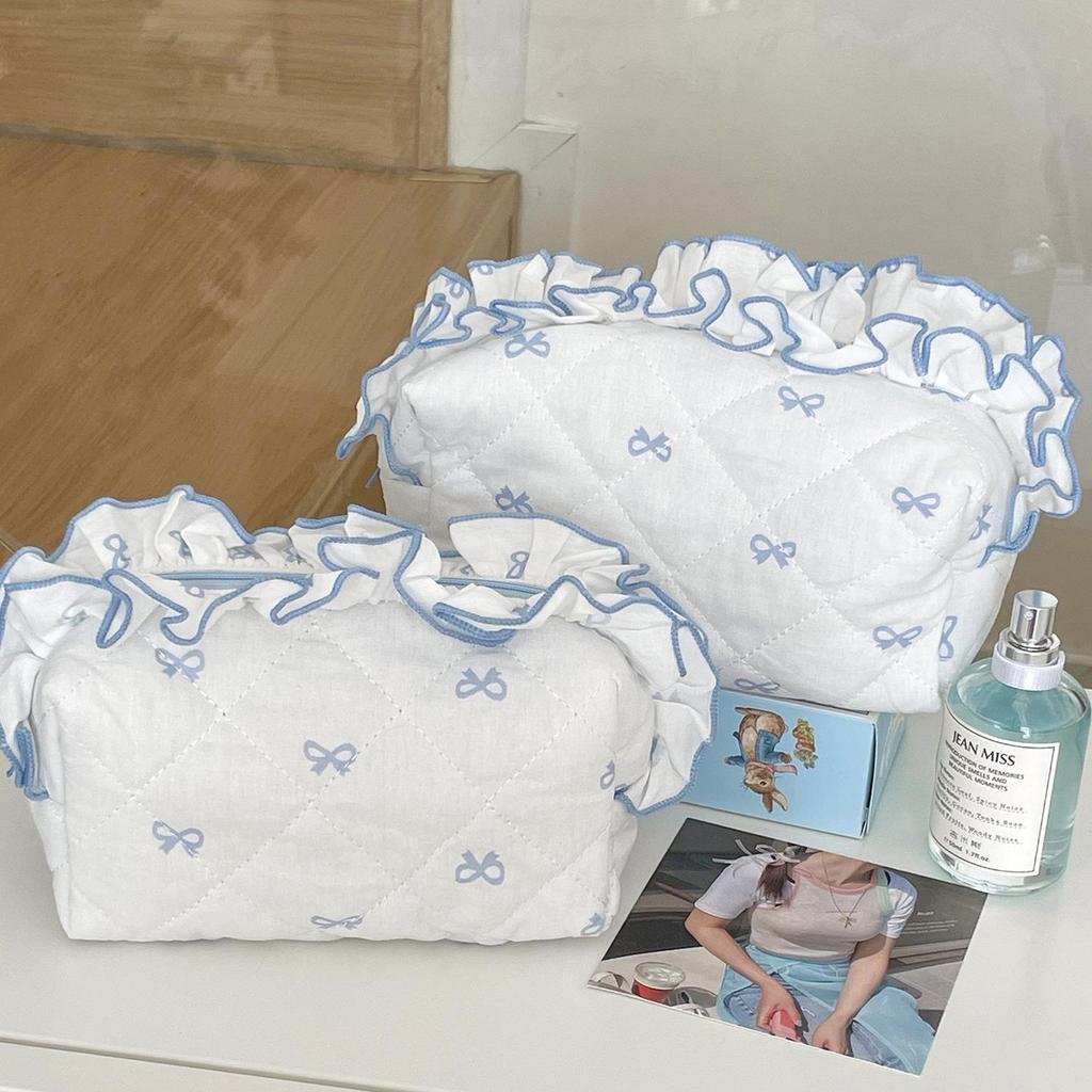 Lace Bow Makeup Bag: Sweet Fresh Lotus Leaf Design Clutch with Diamond Accents