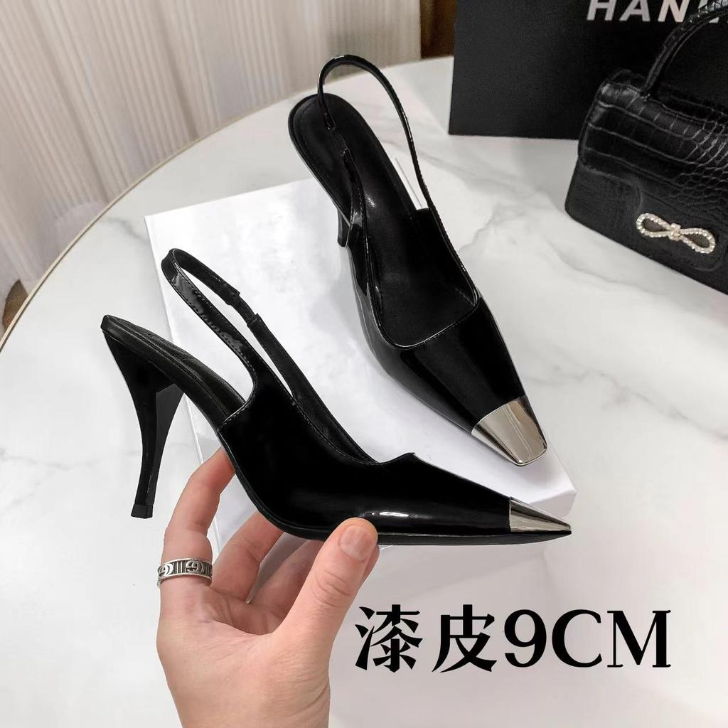 Pointed women's high heels, black patent leather bag head sandals, women's single shoes, thin heels, Park Caiying rose, the same high heels