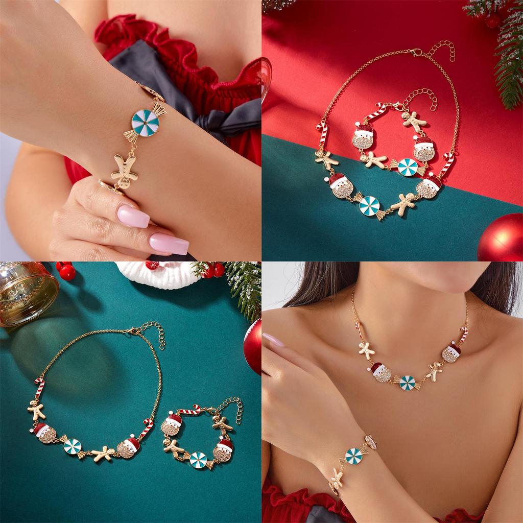 Christmas Jewelry Set With Rhinestone Santa And Gingerbread Pendant For Holiday Gifts