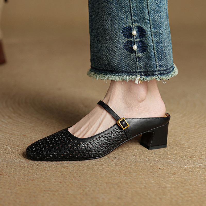 New square head cover foot pedal sandals summer bag head slippers women's beef tendon soft bottom leather size cool slippers