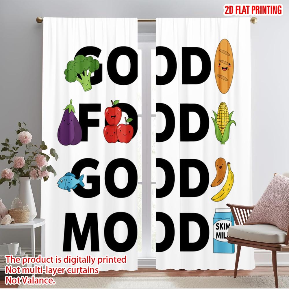 2pcs 2D Flat Printing Curtains Good Food Good Mood Polyester Without Electricity Party Decorations for Indoor Celebrations Room