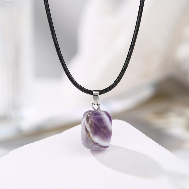 Natural Chakra Crystal Pendant Necklace High Quality Polished Assorted Stones Black Leather Rope Jewelry Gift for Yoga Enthusiasts