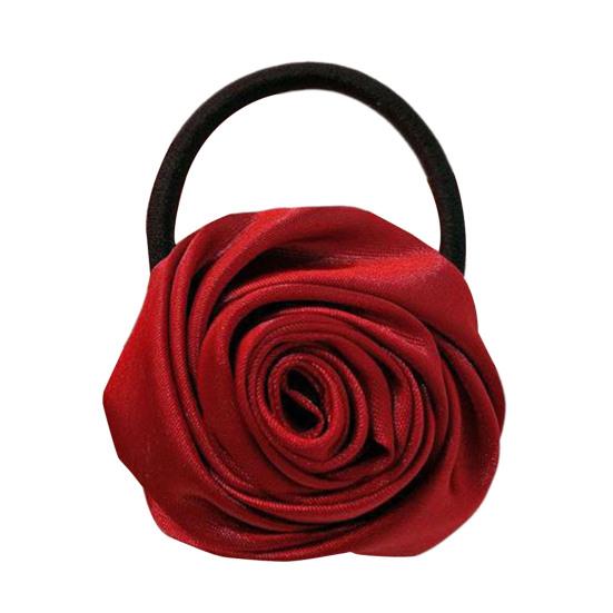 Hair Tie French Style Glossy Satin Rose Flower Decor Handcrafted 3D Petal Design Hair Rope Soft Smooth Fabric Hair Accessory