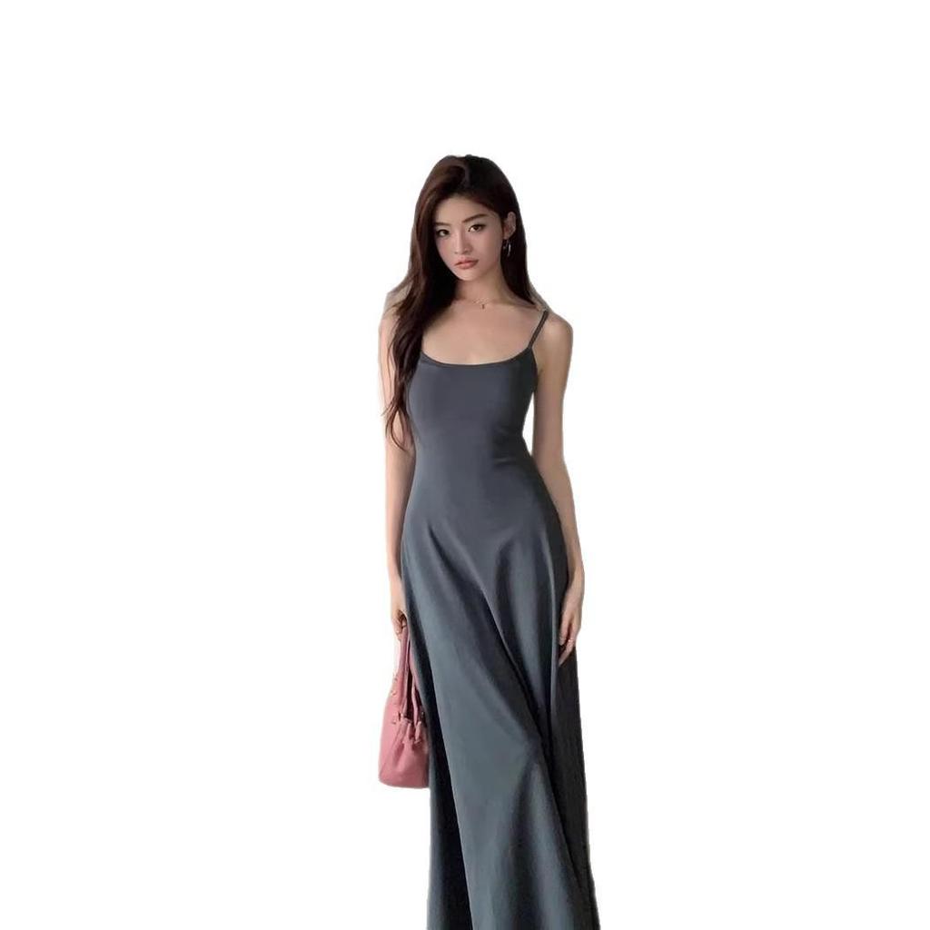 Spicy Girl Solid Color High-Waisted Spaghetti Strap Off-Shoulder Knee-Length Slimming Summer Dress