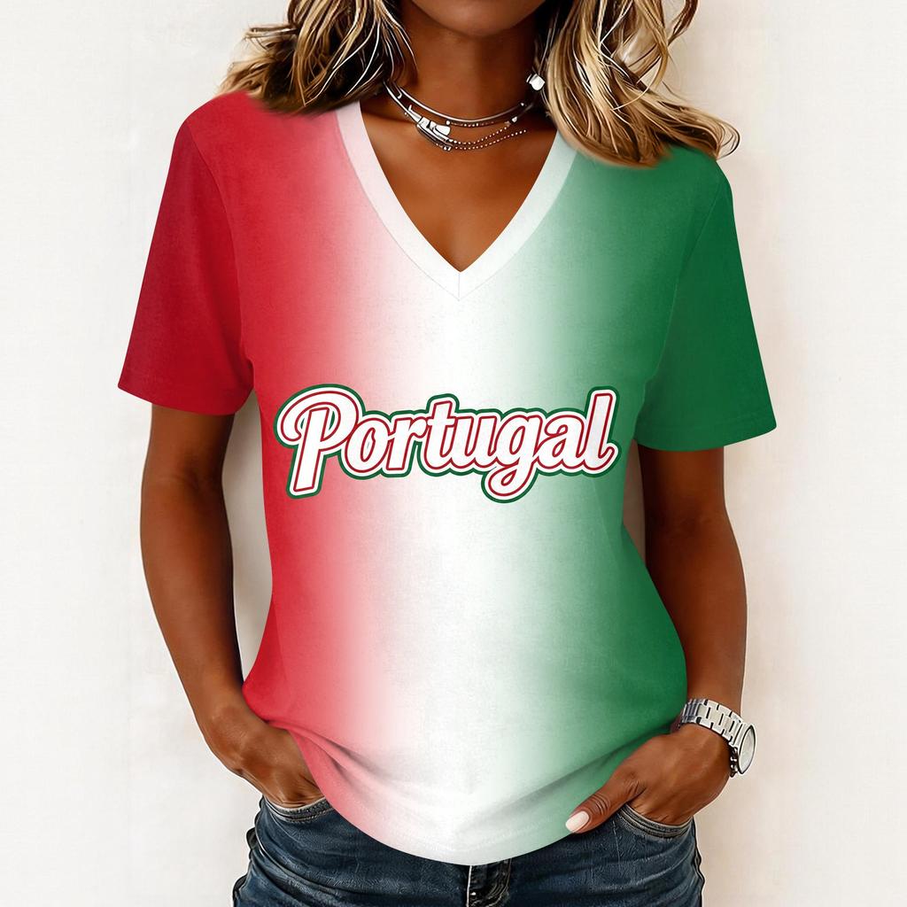 Women's Short Sleeve V-Neck T-Shirt with Soccer Flag Print for Casual Day Wear