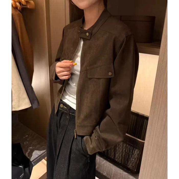 Women's Autumn 2025 Brown Petite Melange Suede Velvet Long Sleeve Short Jacket