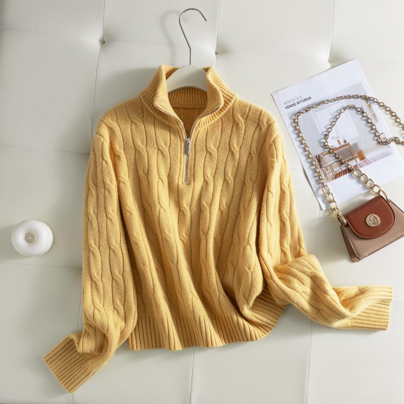 2025 Puyuan Autumn/Winter Wool Cable Knit Stand Collar Zip-Up Sweater for Women - Soft Texture