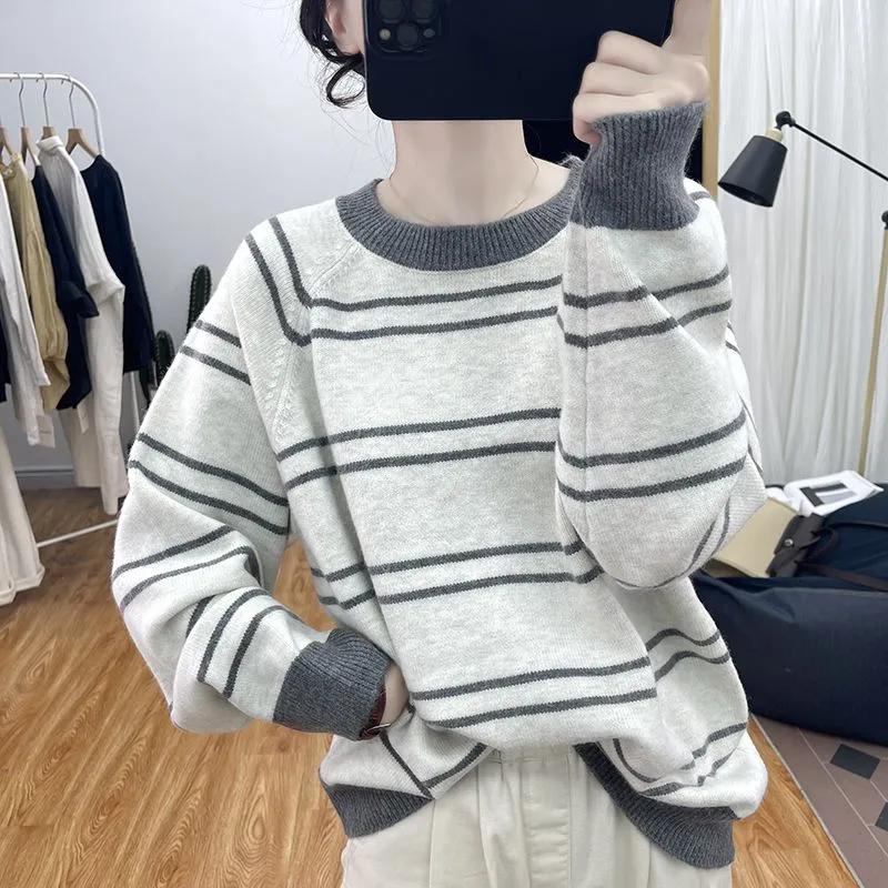 Sweater Pullovers Tops Women Long Sleeves Autumn Winter Blouse Oversized Stripes Loose Long Sleeve Shirt Slim Pullover Tops