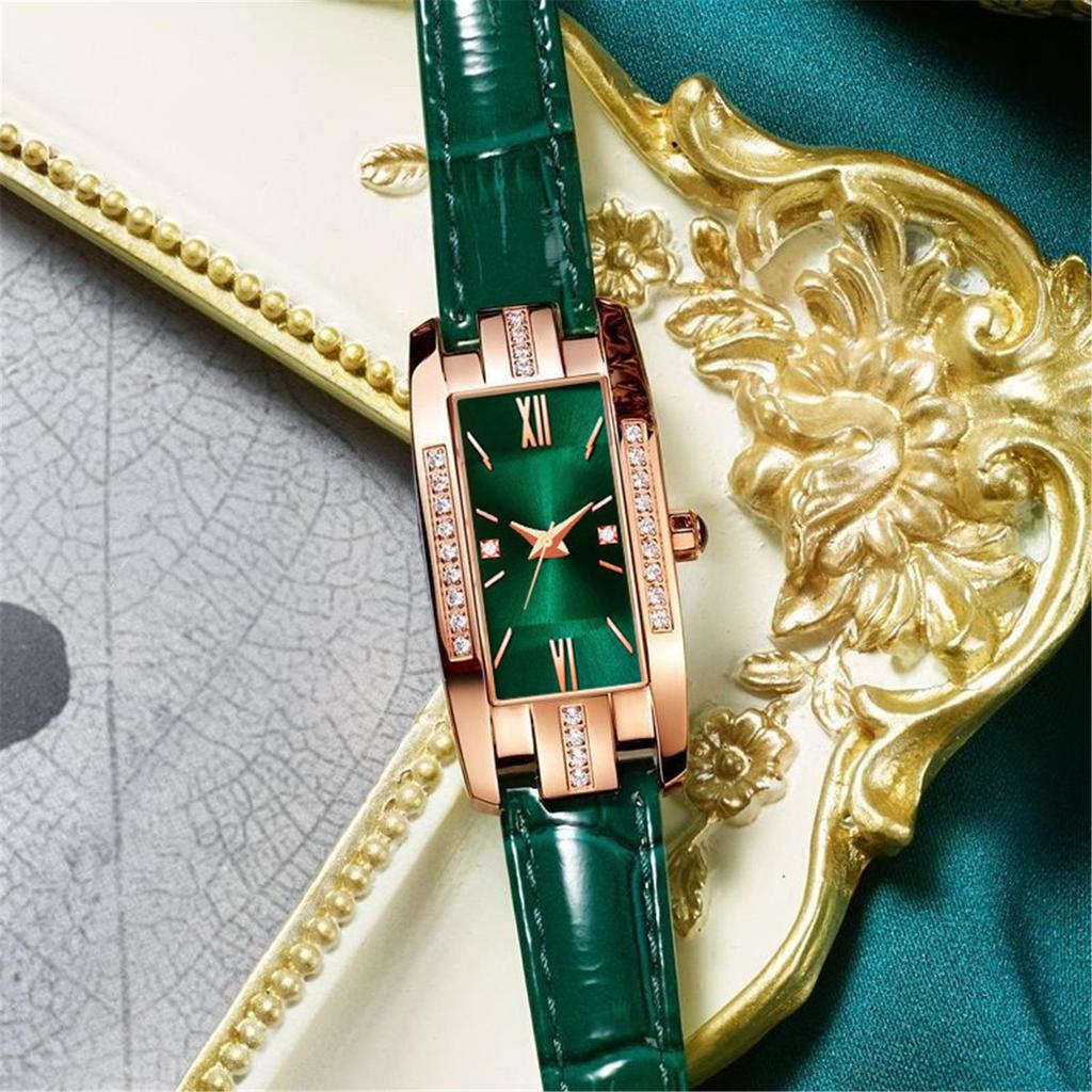 Relojes elegantes de moda rectangulares para mujer, reloj de cuarzo con esfera verde, cuero Simple, relojes de regalo de lujo para mujer
