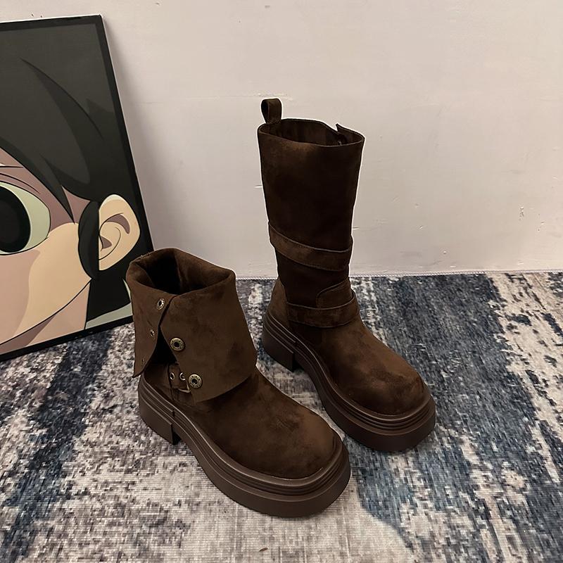 Модная пряжка ремня Женские ботинки в современном дизайне увеличивающие рост Обувь Осень Зима Женские полусапожки до середины икры 35 кофейный 5890₽