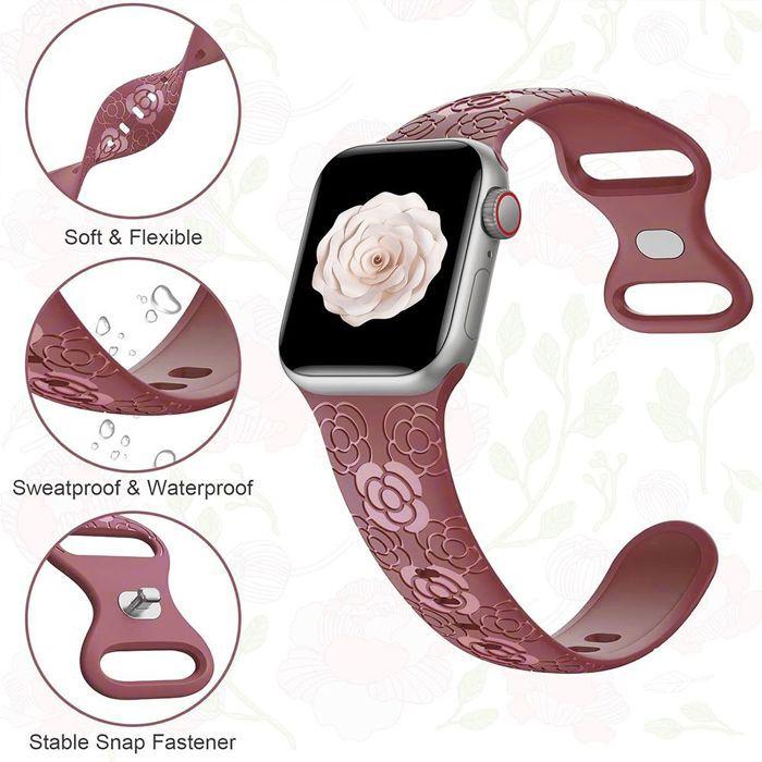Bracelet for Apple Watch Series Ultra 2/3, 11, 10, 9 8 SE 7 6 5 4 3 2 1 46mm-45mm-44mm-42mm-49mm Red Silicone Floral Engraving