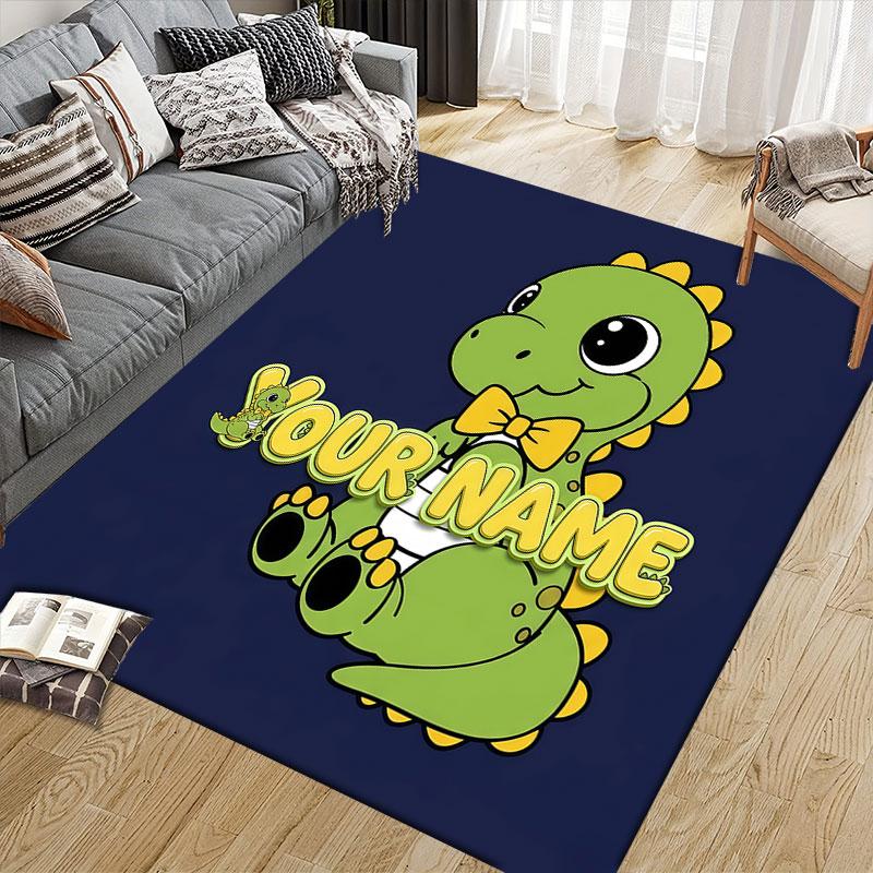 Custom Name,Cute Cartoon Dinosaur Home Sofa Decoration for Living Room & Bedroom, Non‑Slip Play Flannel Floor Mat for Game Room